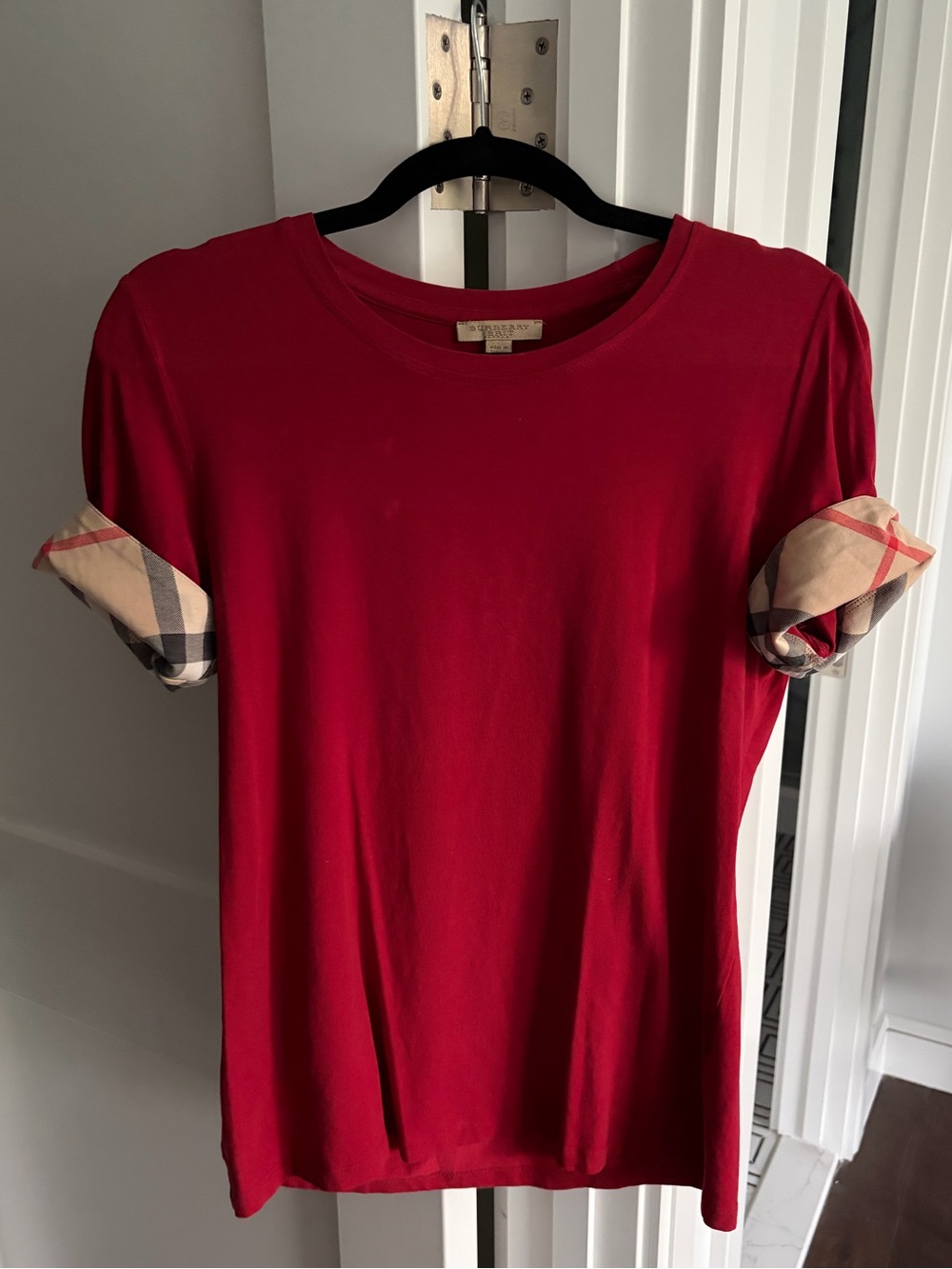 Burberry Red Short-Sleeve Tee with Signature Check Sleeve Cuffs